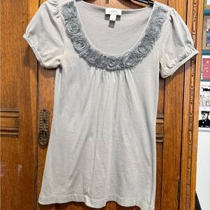 LOFT Gray Short Sleeve Tee with Rosette Detail